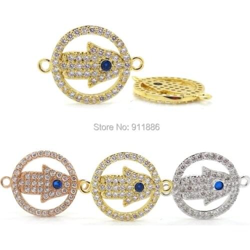 Mixed Colors Micro Pave Sapphire Cubic Zirconia Evil Eye Fatima Hand Connector Bead Fit For Islamic Necklace Bracelet & Pendant