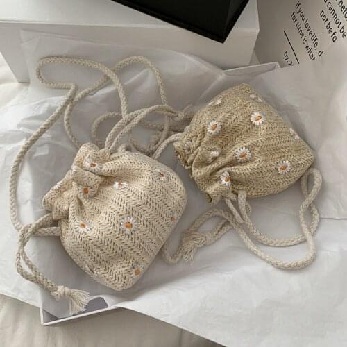 Straw Weave Bucket Bags Rattan Women Summer Beach Shoulder Bags Handbags Totes Casual Handbags Retro Mini Shoulder Bag