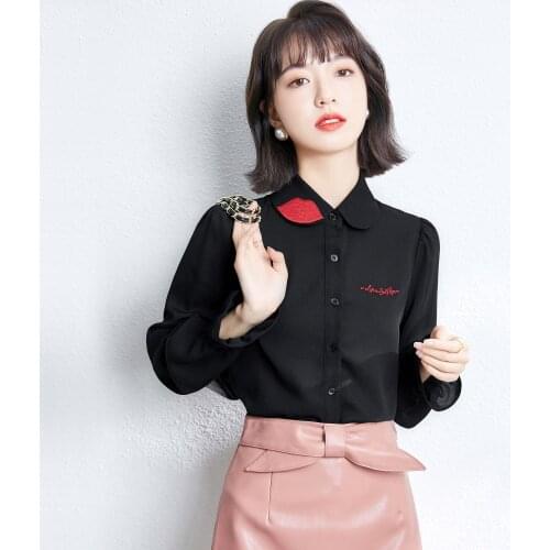 Lip Embroidery Chiffon Shirts Black Long Ruffles Sleeve Spring Thin Blouses Letters OL Elegant Summer Casual Wear 1121