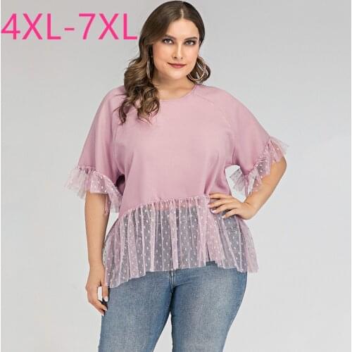 New 2021 summer plus size tops for women large blouse loose casual short sleeve lace O neck pink ruffle shirt 4XL 5XL 6XL 7XL