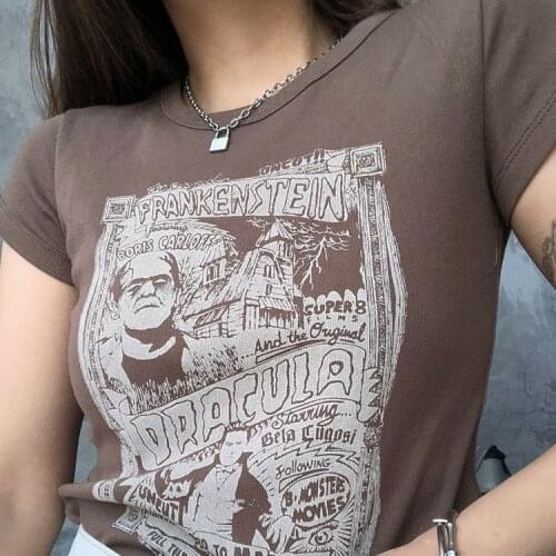 Y2K Goth Short Sleeve Streetwear Grunge Graphic 90s Anime Aesthetic Women Crop Tops Punk Harajuku Print Slim Clothes T-shirt