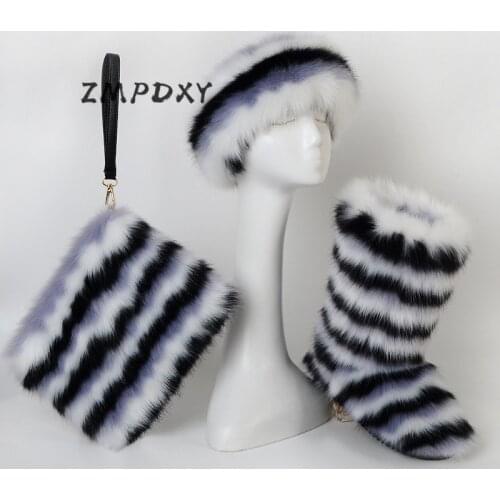 Winter Women Rainbow Snow Boots Ladies Fluffy Striped Plush Clutch Furyy Headband Womans Warm platform High BootsHandbag Sets