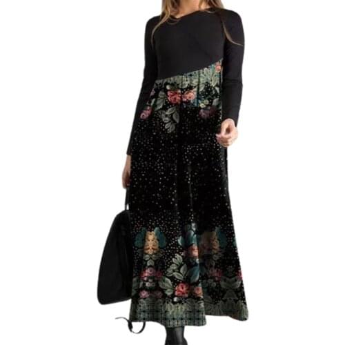 Loose Dresses Women Autumn Winter Long Sleeve Digital Print Flower Patchwork Large Hem Maxi Dress Plus Size Lady Dress