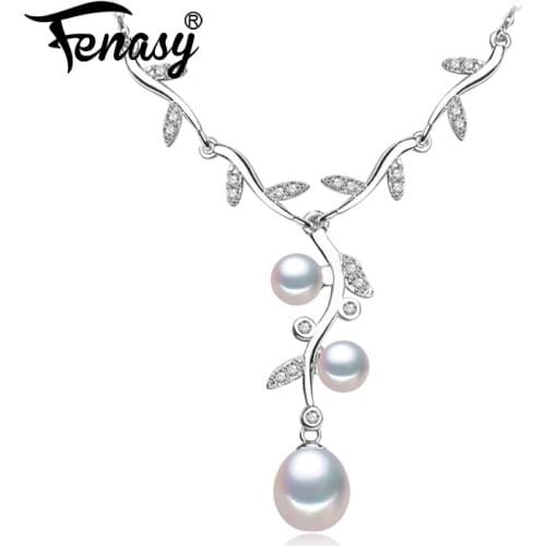 FENASY Wedding Engagement Jewelry Natural Pearl Pendant Necklace Flower Jewelry 925 Sterling Silver Necklace For Women