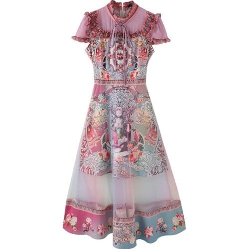 Women Dress 2021 Summer Ruffles Neck Mesh Top Angels Printed Floral Midi Long Dresses Runway Designer Fashion Woman Celebrity