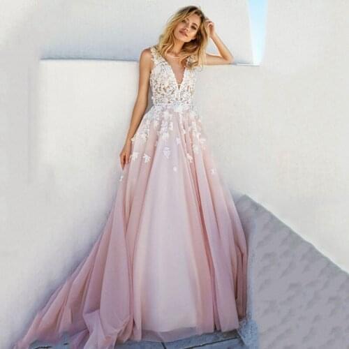 Hot Sale Pink Tulle Wedding Dresses White Appliques V-Neck Keyhole Backless Bridal Gowns robe de soiree