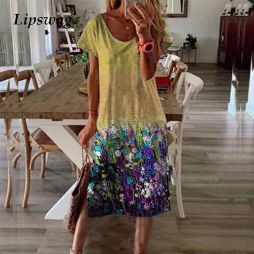 Fashion Vintage O-Neck Party Women Elegant Floral Print Split Long Beach Dress Summer Casual Short Sleeve Pullover Dress Vestido