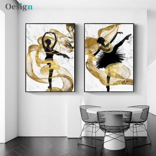 Gold Ribbon Flying Dancer Girl Wall Art Canvas Abstract Poster Prints Painting Modern Decoration Picture Living Room Decor