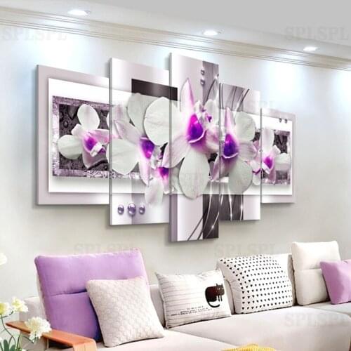 5 Panel Modern Canvas Painting Combined Flowers Posters and Prints Purple Orchids Canvas Printings Wall Pictures for Living Room