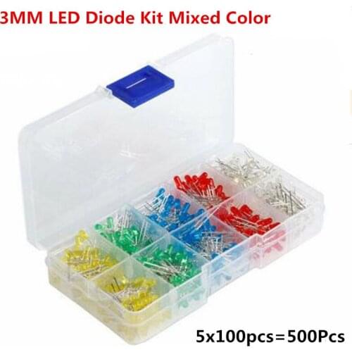 5x100pcs=500Pcs 3MM LED Diode Kit Mixed Color Red Green Yellow Blue White + BOX