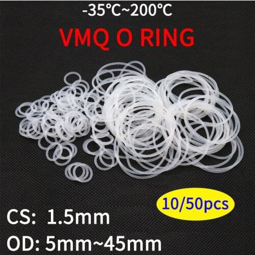 10/50pcs VMQ White Silicone O Ring Gasket OD 5~45mm CS 1.5mm Food Grade Waterproof Washer Round O Shape Rubber silicon ring