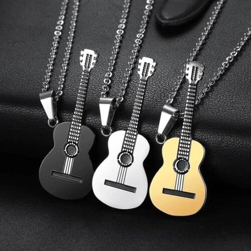 Fashion Stainless Steel Guitar Necklace For Men Pendants Chain Men Necklaces Hiphop Rock Slide Music Element Chains
