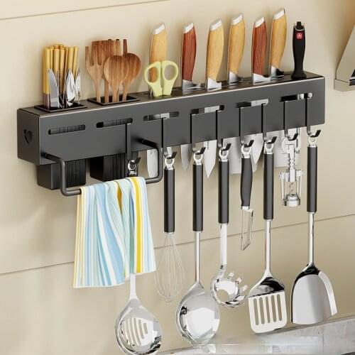 Stainless Steel Knife Holder Free Perforation Kitchen Household Integrated Knife Chopsticks Shovel Storage Rack Wall-mounted