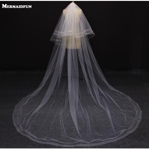 MERMAIDFUN Real Photos 2 Layers Net Edge Cathedral Wedding Veil Stuning Blusher Face Cover Two Tier Bridal Veil Velo De Novia