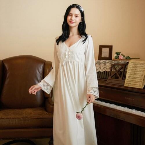 Long-sleeved Cotton Nightdress Female Palace Style Princess V-neck Loose Embroidered Outer Wear Home Service Winter