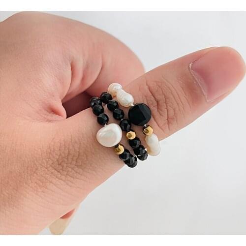 Natural Stone Rings Set Freshwater Pearl Obsidian Stainless Steel Wedding Ring Set Fashion Jewelry Boho Handmade Finger Rings