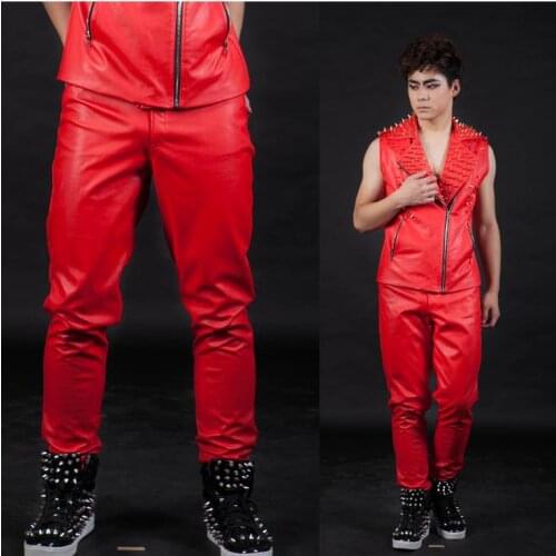 Red zipper man faux leather trousers pants for the mens PU leather 1 pants men 1 Stage star performers Customizable