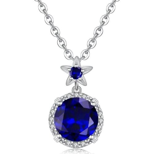 Round Shape Created Blue Sapphire Pendant Necklace 925 Sterling Silver Gemstones Choker Statement Necklace Women Fine Jewelry
