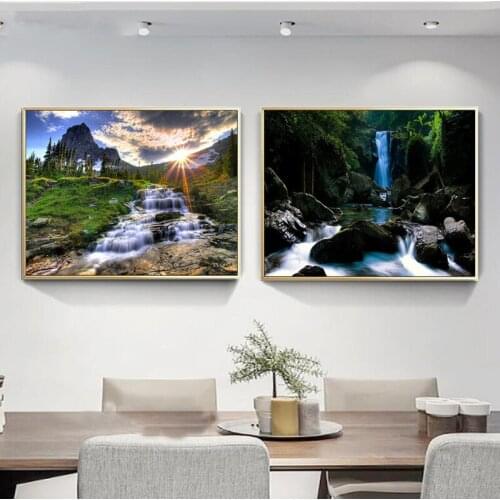 Forest Stream Landscape Canvas Art Printings Wall Art Picture Mountain Waterfall Scenery Painting Posters For Living Room Decal