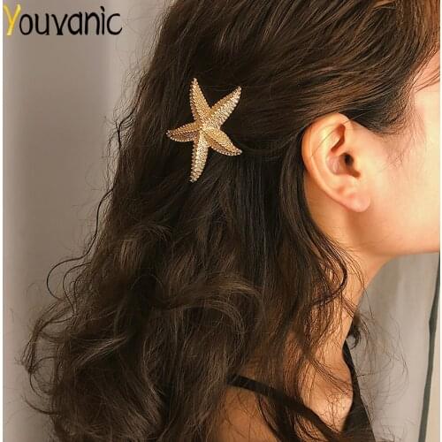 Youvanic Fashion Gold Shell Starfish Hairpins Women Big Geometric Star Hair Clip Boho Barrette Headwear Hair Jewelry Bijoux 0395