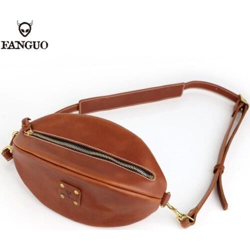 Retro Genuine Leather Mens Chest Bag Handmade Casual Crazy Horse Cowhide Waist Pack Sport Crossbody Shoulder Messenger Bag