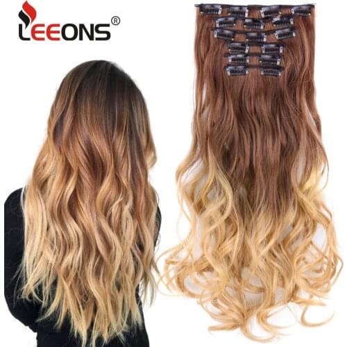 Leeons New Body Wave 16 clips Long Straight Synthetic Hair Extensions Clips in High Temperature Fiber Black Brown Hairpiece