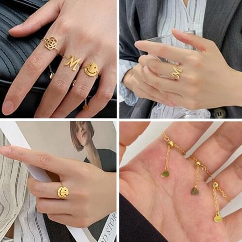 OUFEI Adjustable Ring Stainless Steel Heart Rings for Women Jewelry Good Luck Letter M Chain Pull Adjust Open Ring Coin