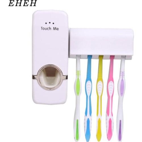 EHEH Bathroom Shelves Toothbrush Holder Automatic Toothpaste Dispenser Set 5 Slots Toothbrush Stand Home Wall Mounted Rack