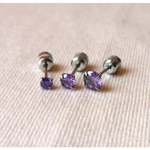 Stainless Steel Colors Purples Zircons Screw-Back Stud Earrings