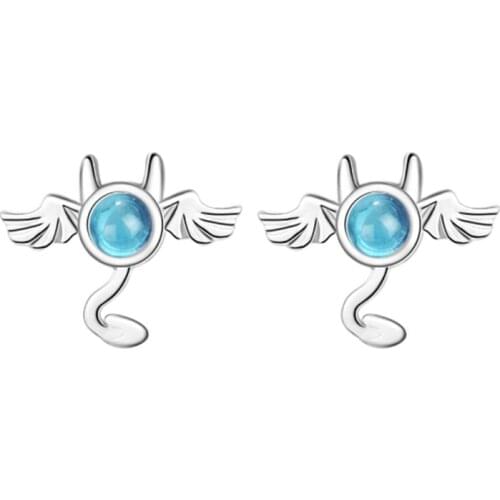 Blue artificial crystal little devil literary cool wind bat silver plated earrings WE009