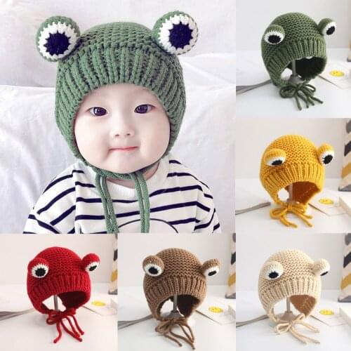 Newborn Baby Winter Warm Hat Knitted Baby Hats with Bear Ears Cartoon Lace-up Children Kids Cap for 0-4 Years