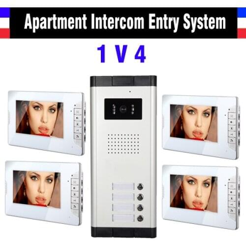 4 Units Apartment Intercom System 7 Inch Monitor Video Intercom Doorbell Kit video Door Phone night vision Camera 4 pcs Monitor
