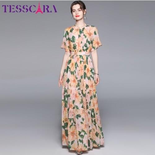 TESSCARA Women Summer Elegant Floral Dress Festa High Quality Long Maxi Party Robe Femme Prairie Chic Designer Yellow Vestidos