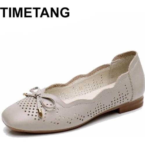 TIMETANG2021Summer Flats Shoes Women Ballerina Flat Shoes Genuine Leather Cut-out Moccasins Ladies Knot Loafers Mother ShoesE698