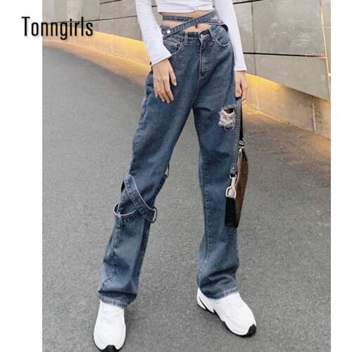 Tonngirls Streetwear High Waist Jeans Women 2021 Boyfriend Jeans For Women Ripped Baggy Criss Cross Y2k Demin Ladies Pants Chic