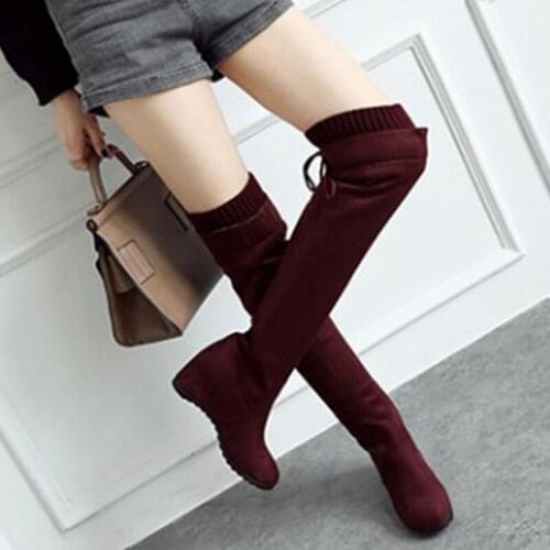 Women Fashion Thigh High Boot 2020 Woman Casual Wedge Womens Suede Comfort Over The Knee Ladies Lace Up Female Shoe Plus Size