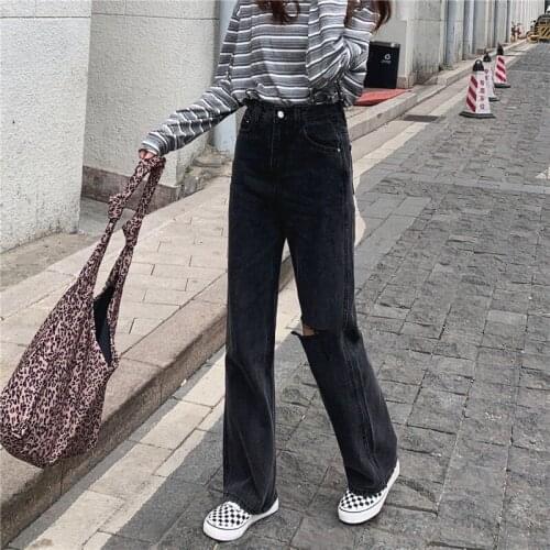 2021 New Ripped Jeans For Women Black Wide Leg Pant Pantalon Large Femme High Waist Taille Haute Baggy Denim Trousers A195