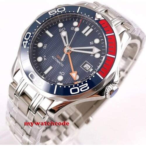 41mm Bliger Blue Sterile Dial Sapphire Glass Ceramic Bezel GMT Stainless Steel Automatic Mens Watch B296