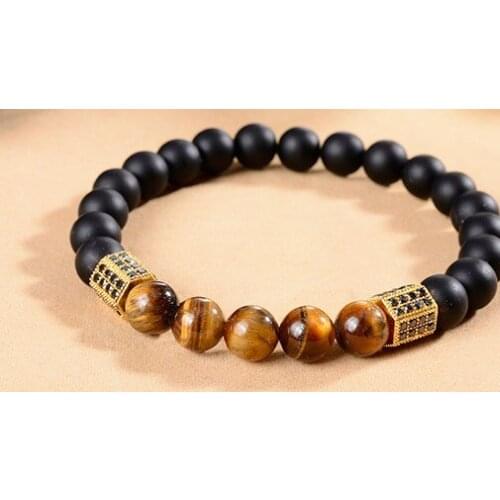 8mm u4h2 silver gold copper tube micro pave cz zircon cubic zirconia Bracelet yellow Tigereye black Frosted agate Onyx bead