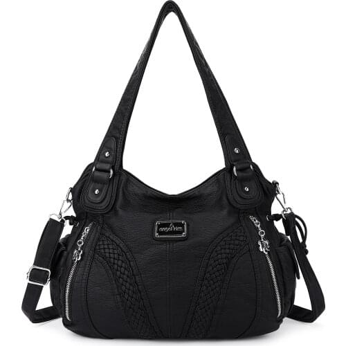 Angelkiss Brand Classic Women Washed PU Handbag Roomy Tote Soft Handfeel Enough Pockets Adjustable Big-Size Friendly Long Strap