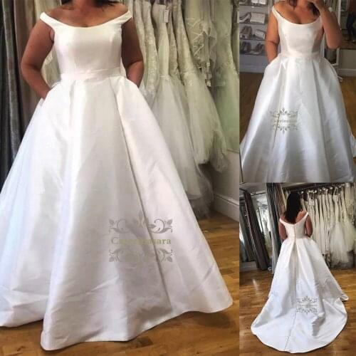 Ball Gown Off Shoulder Wedding Dresses Floor Length Made-To-Measure Plus Size Satin Bride Gowns with pockets