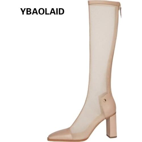 Pointed Toe Cowhide Mesh Stitching High-heeled Boots New Fashion Solid Color Hollow Mesh Back Zipper High-top Sandals