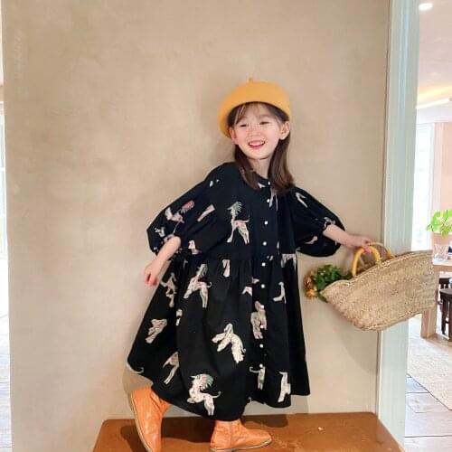Autumn Fashion Colorful Pony Printing Oversized Long Style Dress For Girls Cotton Loose Puff Sleeve High Quality Dresses