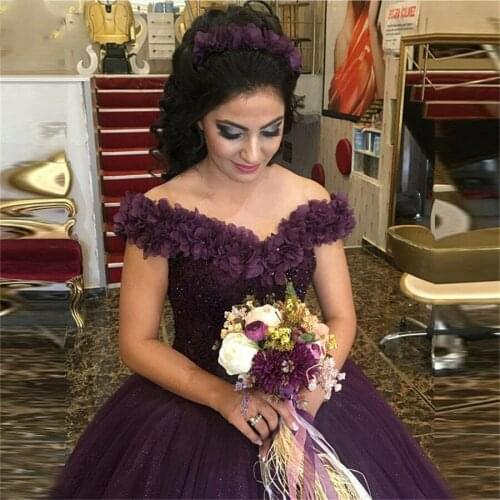 Off Shoulder Purple Ball Gown Wedding Dresses 2020 With 3D Flowers Adorned Bridal Gowns Colorful Middle East Vestidos De Mariee
