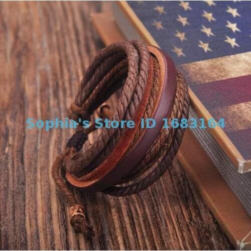 G177 Cool Parallel Brown Leather Hemp Friendship Bracelet Bangle Wristband Mens