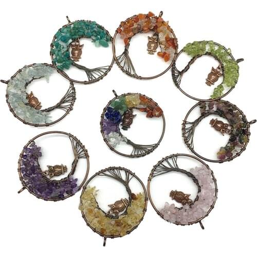 DIY Stone Necklace with Owl Charm Different Chip Shape Tree of Life Design Bronze Plating Long