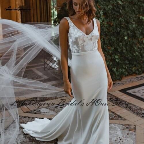 Lakshmigown Elegant Women Satin Mermaid Wedding Dress 2022 Robe Longue Blanche Backless Sexy Bridal Wedding Gowns Lace Appliques