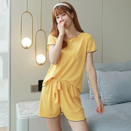 Summer Womens Pajamas Set Fashion Instagram Style Ruffles Top Shorts Sleepwear Ice Silk Leisure Home Clothes Nightwear for Girl