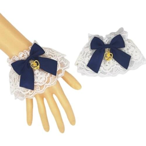 Lolita Ruffled Lace Wrist Cuff Sweet Bow Heart Pendant Wristband Hand Sleeves