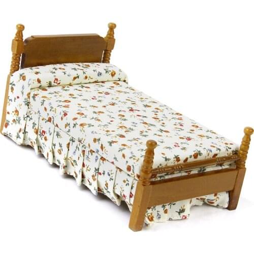 OMoToys 1:12 Scale Furniture Miniature Floral Dollhouse Bed Pastoral Style, wood with cloth
